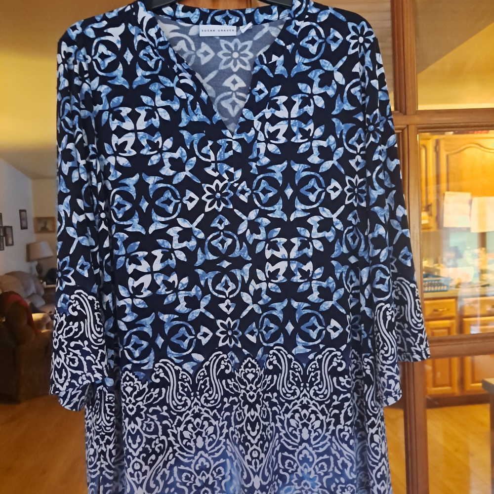 Susan Graver Navy and White Floral Blouse